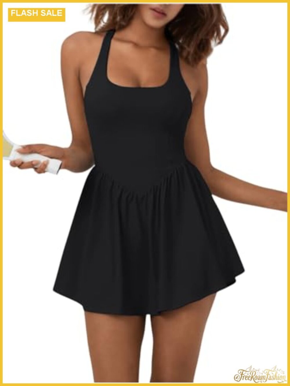 Women's Athletic Tennis Dress with Built-in Shorts & Bra, Square Neck,